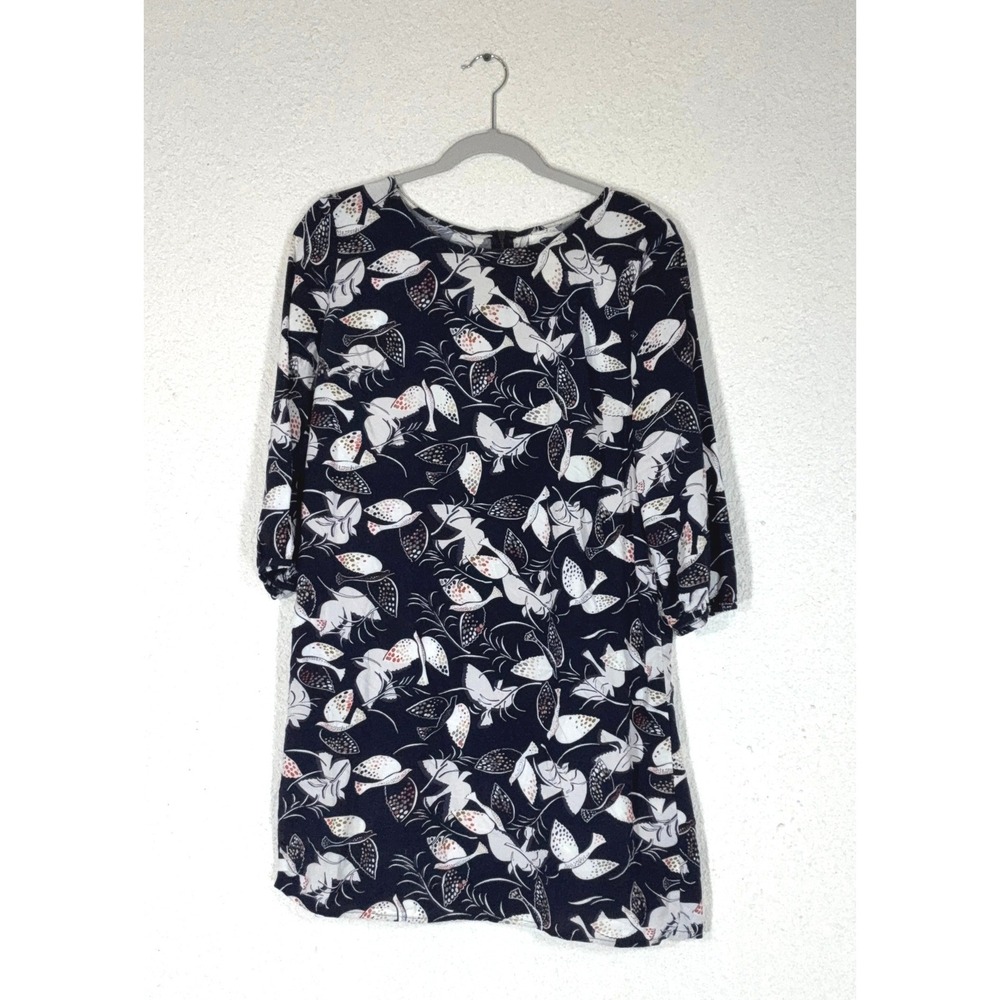 Old Navy Navy Blue Bird Print Shift Dress - M - 3/4 Sleeve Rayon Boho Whimsical